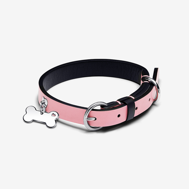 Collar para mascotas de tejido vegetal rosa y Placa Hueso de Perro